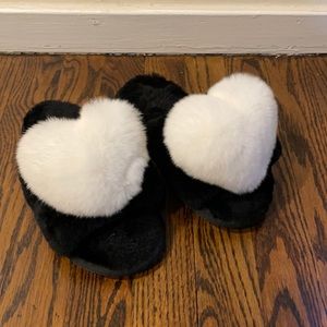 Fuzzy B&W Heart Slippers